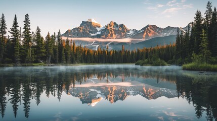 Majestic Himalayan mountains captured during sunrise, their snow-capped peaks reflecting on the mirror-like surface of a serene alpine lake.