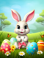Colorful illustration of a cute easter bunny on green grass 