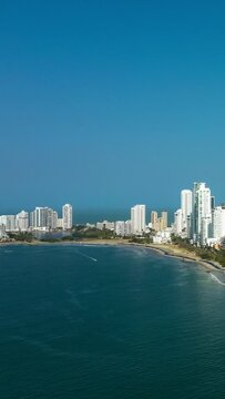 Aerial footage panorama hyperlapse of Cartagena Bocagrande Colombia vertical