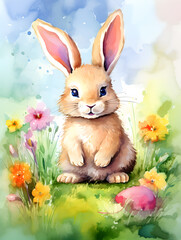 Watercolor illustration of a cute bunny sitting in green grass