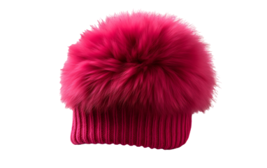 A vibrant pink hat adorned with a cute fur ball on top, adding a touch of whimsy to any outfit