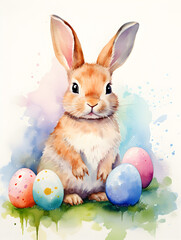 Pastel watercolor illustration of a easter bunny with eggs on white background
