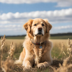 A solemn Golden Retriever dog sitting amidst a tranquil forest