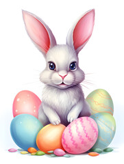 Pastel watercolor illustration of a easter bunny with eggs on white background