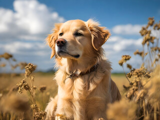 A solemn Golden Retriever dog sitting amidst a tranquil forest