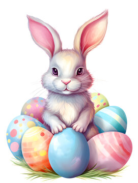 Pastel watercolor illustration of a easter bunny with eggs on white background
