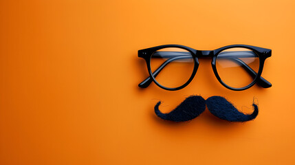 Overhead glasses nose and mustache for April 1 April Fool's Day, on orange background, 1st April Fool's Day! Mustache overhead glasses, April 1, joke, Generative AI 
