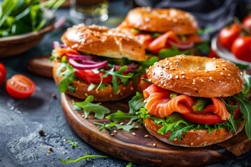 Bagel with salmon, arugula and tomatoes. Healthy breakfast.