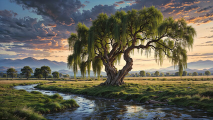 Beautiful landscape with weeping willow on the background of the river - obrazy, fototapety, plakaty