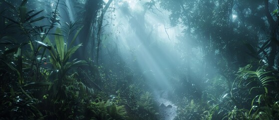 Morning light cascades into a forest glade, highlighting a dreamy path and the vibrant, mist-laden air among the trees. - obrazy, fototapety, plakaty