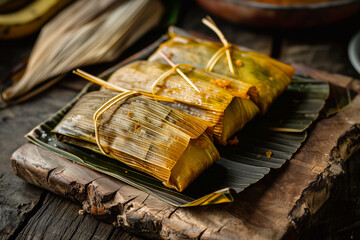 Tamales. Prehispanic dish typical of Mexico and some Latin American countries. Corn dough wrapped in corn leaves. The tamales are steamed.