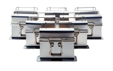 A set of six gleaming stainless steel lunch boxes arranged in an artistic display