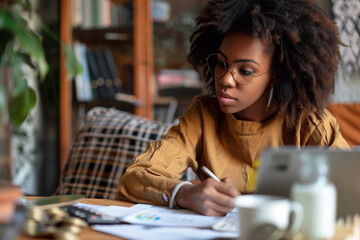 Woman sitting at laptop computer, making notes, calculating expenses, planning family budget, debts and credits, mortgage and rent. Remote working of employee at home, or start up of business woman.