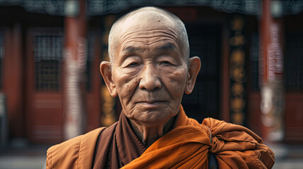 Portrait of an Elderly Buddhist Monk in Front of a Temple