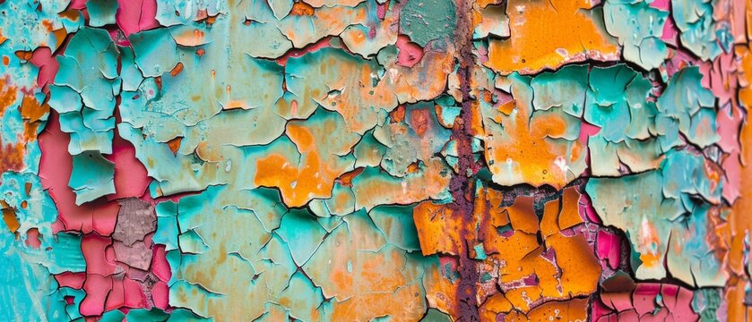 A vibrant abstract of peeling paint in rust and turquoise hues, showcasing the intriguing textures of decay and the passage of time..