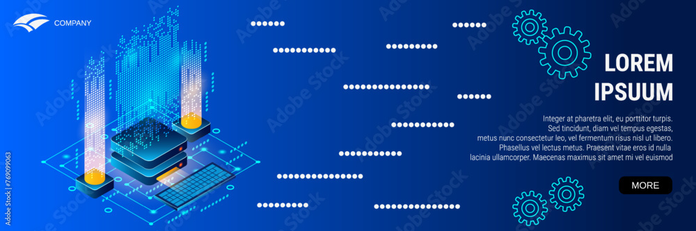 Poster digital technology banner vector design template. information computing, data processing flat 3d iso