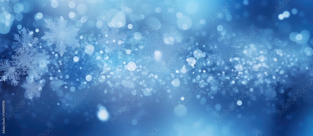 Poster moisture in the form of electric blue snowflakes is falling on a transparent background, creating a 