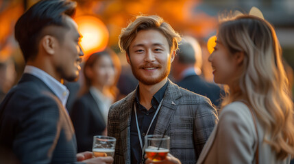 Confident Asian businessman socializing at an outdoor corporate event. Networking and professional relationship concept. Design for business seminar promotion, networking guide