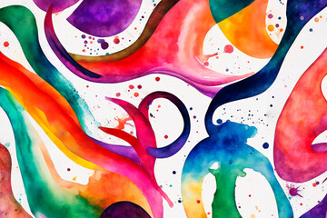 This image presents an abstract pattern of colored watercolor spots and geometric shapes on white paper. The random placement of elements conveys a sense of fluidity and artistic freedom.