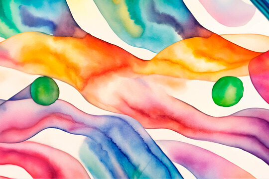 This image presents an abstract pattern of colored watercolor spots and geometric shapes on white paper. The random placement of elements conveys a sense of fluidity and artistic freedom.