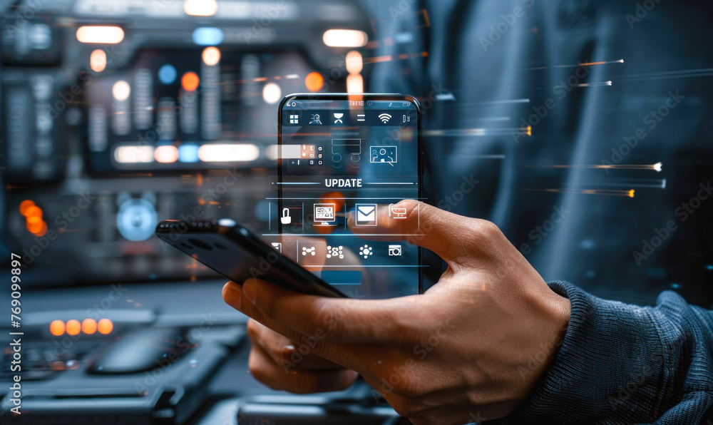 Poster individual interacting with smartphone during software update process displayed through augmented re