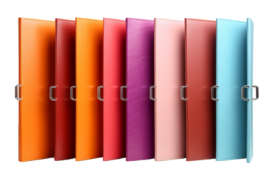 A vibrant row of colored folders with sturdy handles, neatly lined up on a shelf
