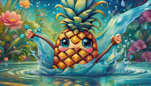 oil painting style cartoon character pineapple in water splash
