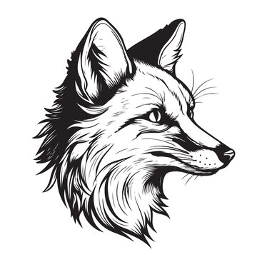 Fox. Graphic, sketch, black and white, hand-drawn portrait of a Fox head on a white background.