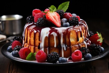 delectable bundt cake steals the spotlight, adorned with a burst of vibrant berries. Up close, the moist texture and rich colors create a feast for the eyes. Each berry adds a burst of sweetness,  - obrazy, fototapety, plakaty