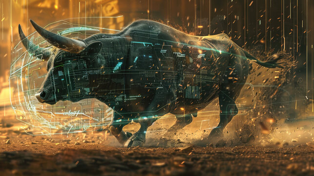 Bull with Glowing Eyes in a Futuristic City