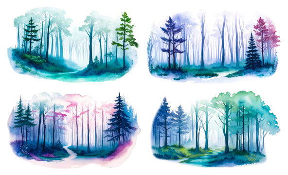 Spring forest watercolor - Collection. Forest landscape isolated on white background. Hand painted watercolor illustration of misty forest. Spring or summer decoration