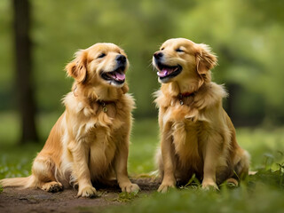 Two Golden Retrievers joyfully sit and affectionate bond between the dogs