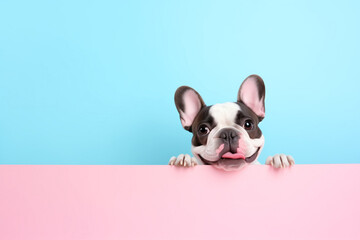 Portrait of happy smiling french bulldog isolated on pink and blue pastel background. Copy space