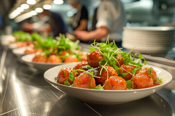 Plates of Gourmet Tomato Salad in Restaurant Kitchen