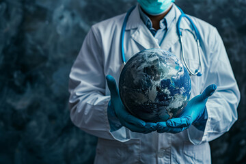 Professional photo capturing a doctor's hand holding planet Earth, conveying themes of global health and environmental responsibility. Perfect for medical conferences, educational material