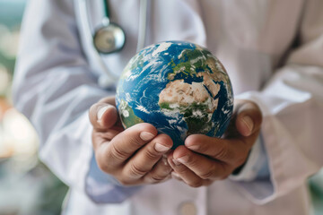 Realistic photo of a doctor holding planet Earth. Symbolizes global healthcare, environmental awareness, and medical expertise. Ideal for scientific publications, sustainability campaigns