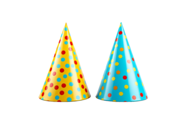Two colorful party hats rest side by side on a bright white background