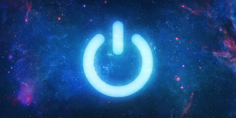 Power switch button sign in deep bright space. Earth hour event. Starry space background. Galaxies and lights. Elements of this iElements of this image furnished by NASA