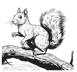 Hand Drawn Engraving Pen and Ink cute Squirrel on tree Vintage Vector Illustration