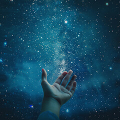 Symbolic photo of a hand reaching for stars against a starry night sky, symbolizing professional growth. Ideal for career development materials, motivational posters, and educational presentations
