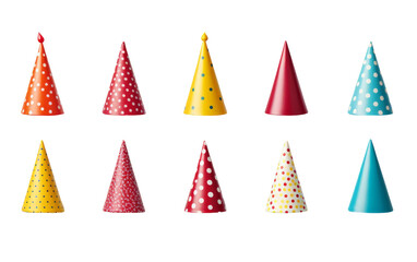 A group of colorful party hats adorned with polka dots, ready for a celebration - obrazy, fototapety, plakaty