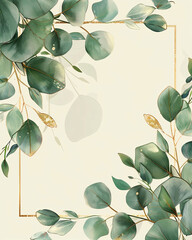 Elegant eucalyptus green wedding card with gold frames and leaves, minimalist yet romantic nature design. Ideal for wedding invitations, stationery, and event announcements.