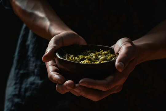 Close-up shot of Asian master's hands cradling saaz hops drop against black backdrop. Cinematic lighting enhances allure. Perfect for beer advertisements, brewing guides, and culinary blogs.