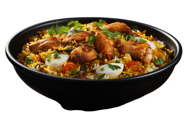 A black bowl filled with steaming white rice, topped with tender pieces of savory chicken