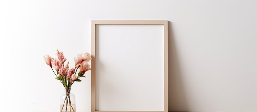 A rectangular picture frame rests on a wooden table beside a vase of vibrant flowers. The delicate petals and twigs create a beautiful contrast with the artifact