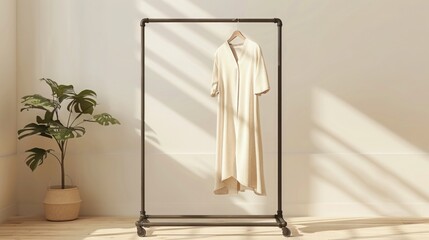 Photograph a unisex dress hanging on a clothes rack, emphasizing the design's simplicity and elegance against a minimalist background