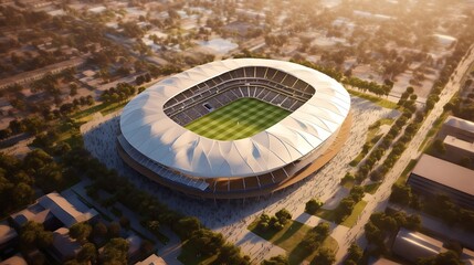 an aerial perspective of a soccer stadium that exemplifies safety measures, accessibility features,