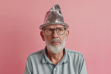 Skeptical Mature Man with Tin Foil Hat, Conspiracist Concept.