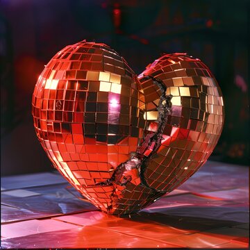 Shattered disco ball heart on dance floor. Symbol of broken love. Artistic party concept. Emotional image of relationship end. Romantic style. AI