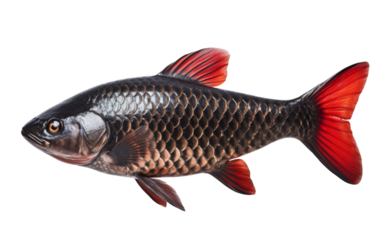 A black and red fish gracefully swims against a clean white background